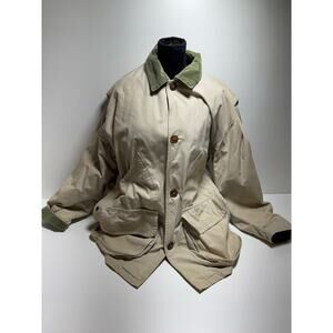 Vtg Women’s Barn Chore Coat Sz Large Tan Green Corduroy Trim Plaid Lined